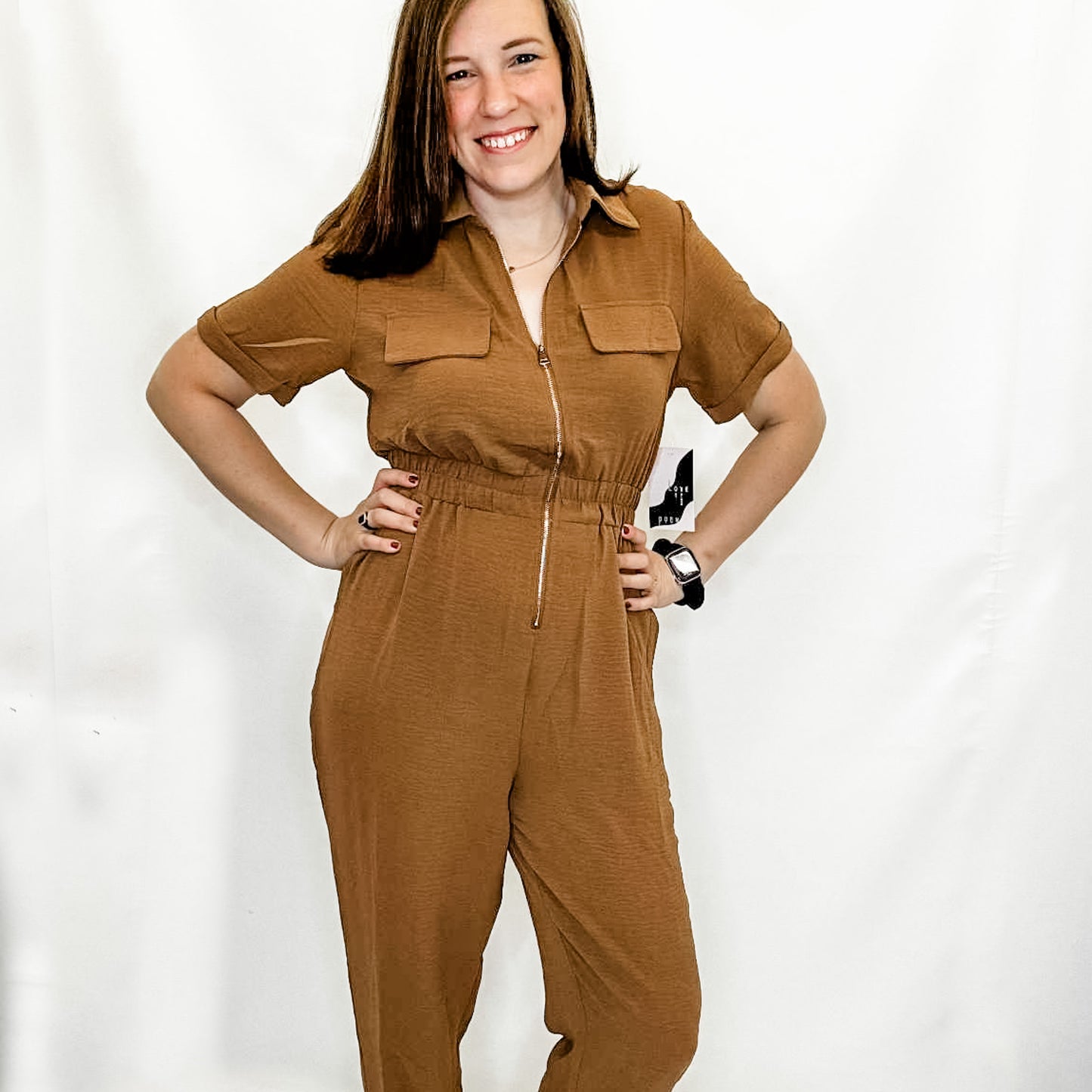 Caramel Brown, Short Sleeve Jumpsuit
