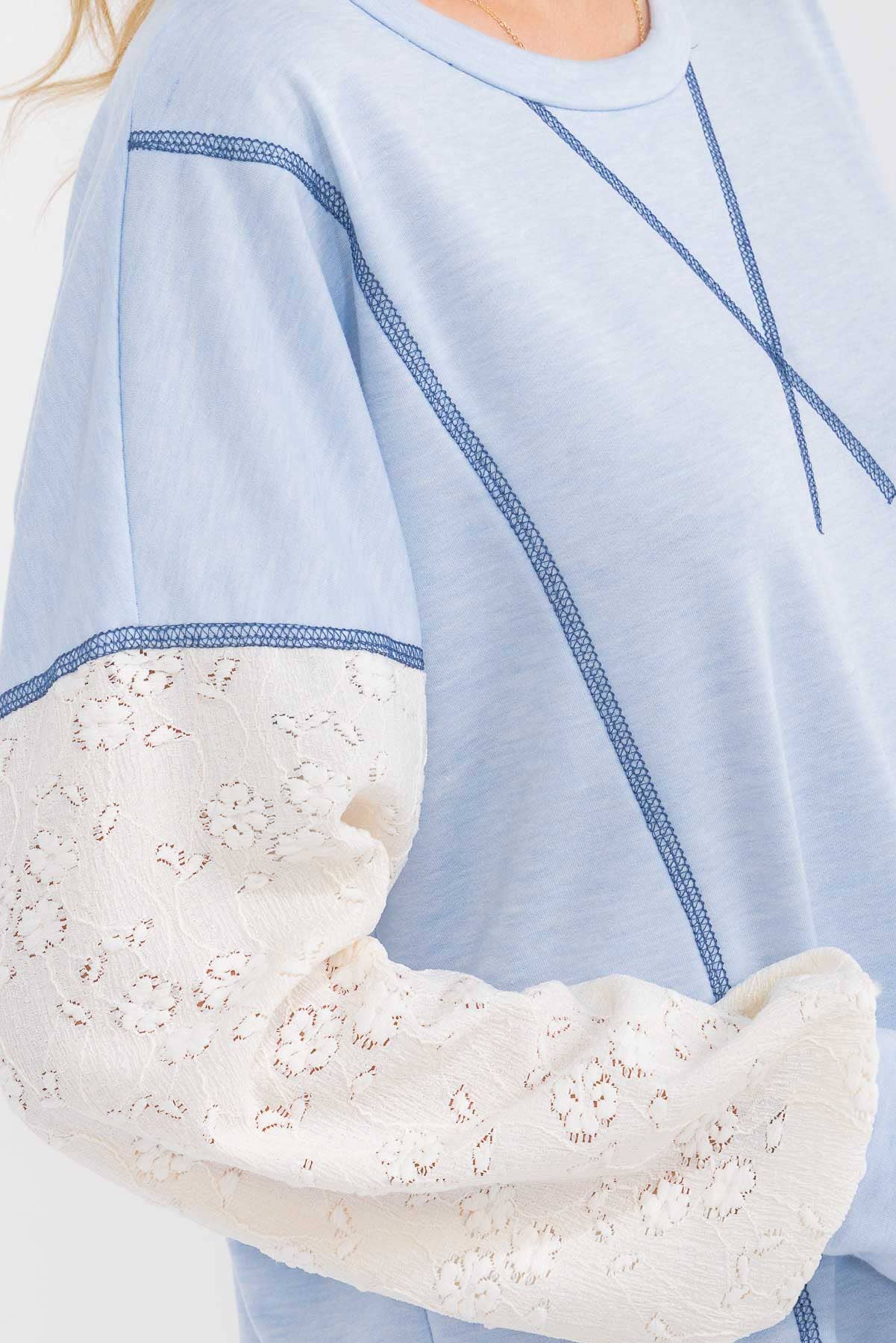 Light Blue Contrast Lace Sleeve Pullover Top