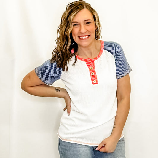 Denim Blue & White Color Block Button Front Short Sleeve