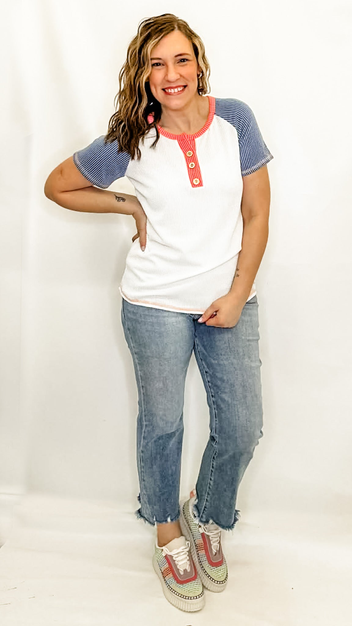 Denim Blue & White Color Block Button Front Short Sleeve