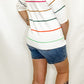 White & Colored Stripe Short Sleeve Knit Sweater