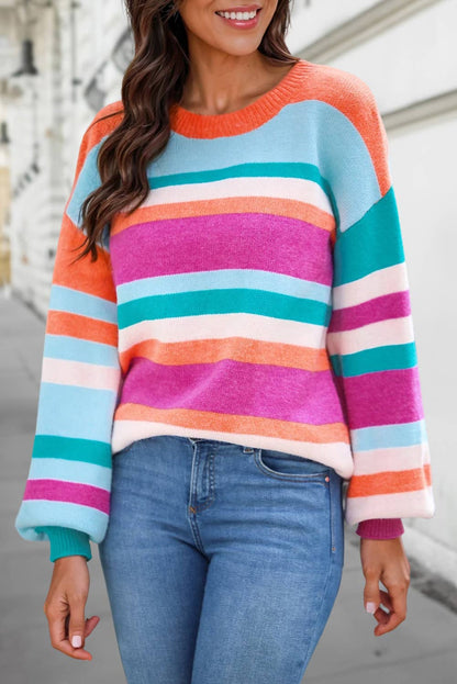 Multi-Color Striped Knit Drop Shoulder Sweater