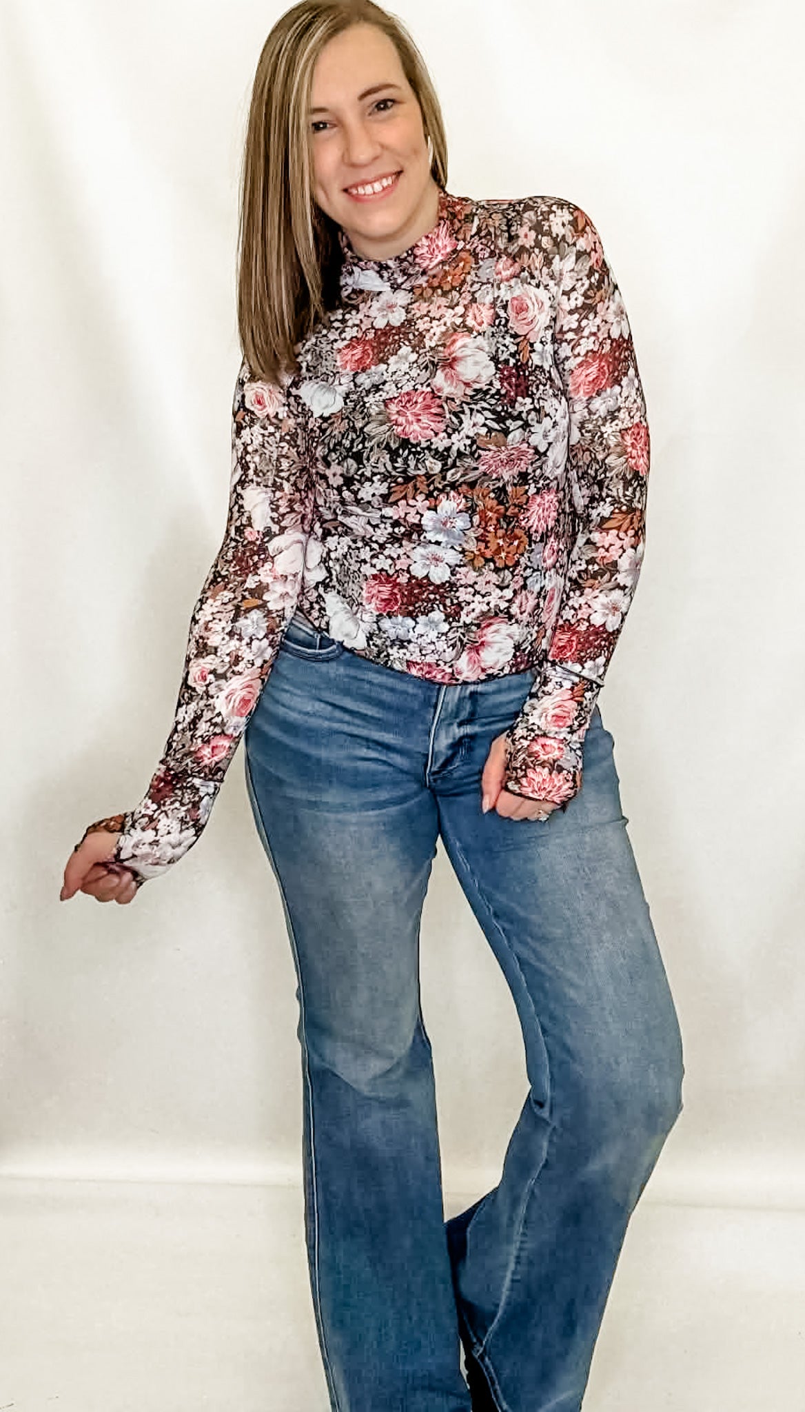 Black & Floral Mesh Laying Long Sleeve