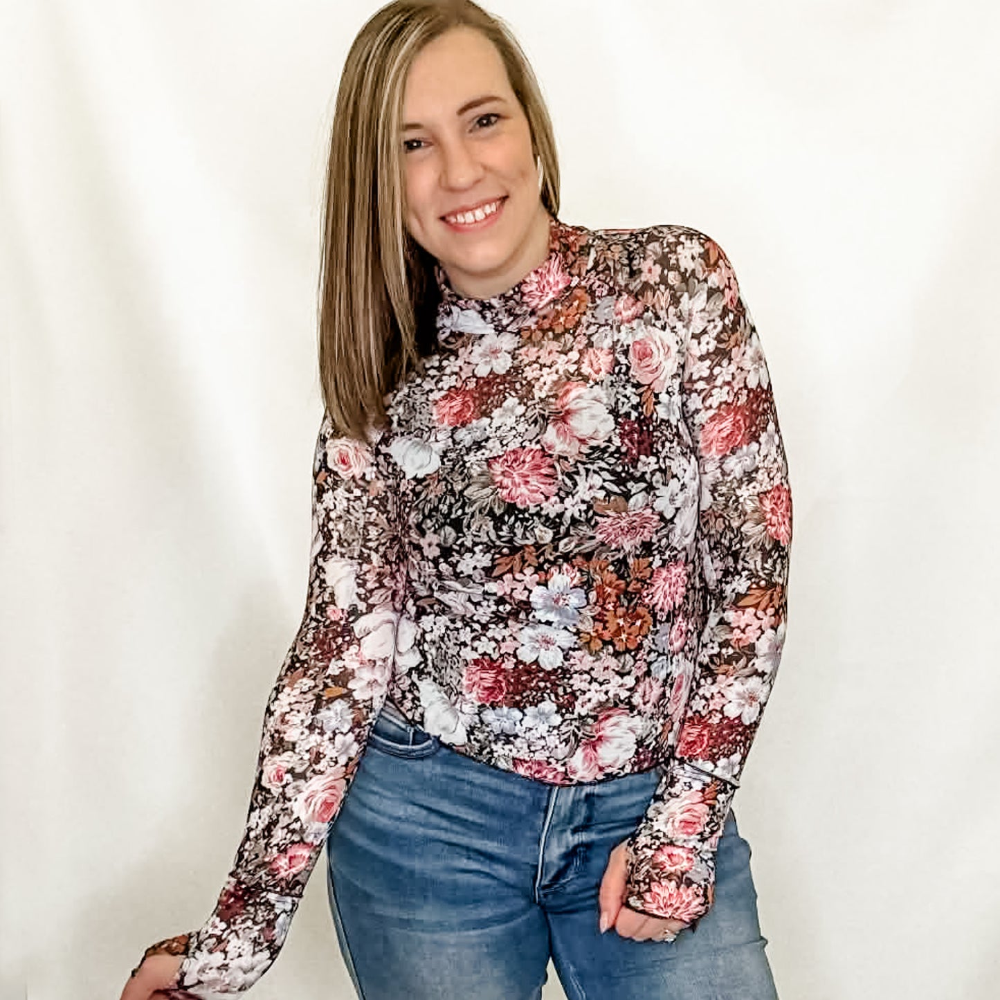 Black & Floral Mesh Laying Long Sleeve