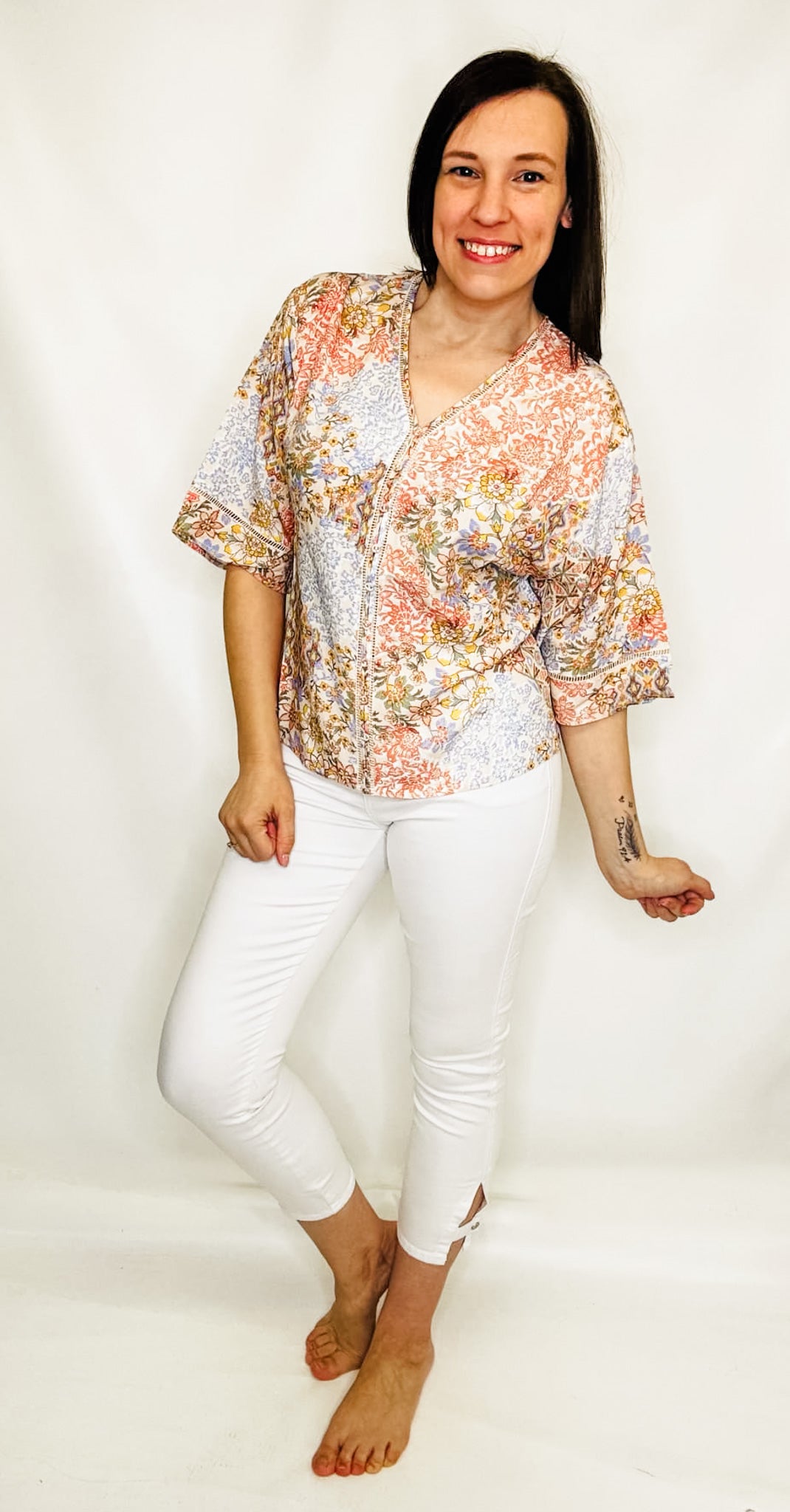 Charlie B Printed Floral Wide Sleeve Blouse
