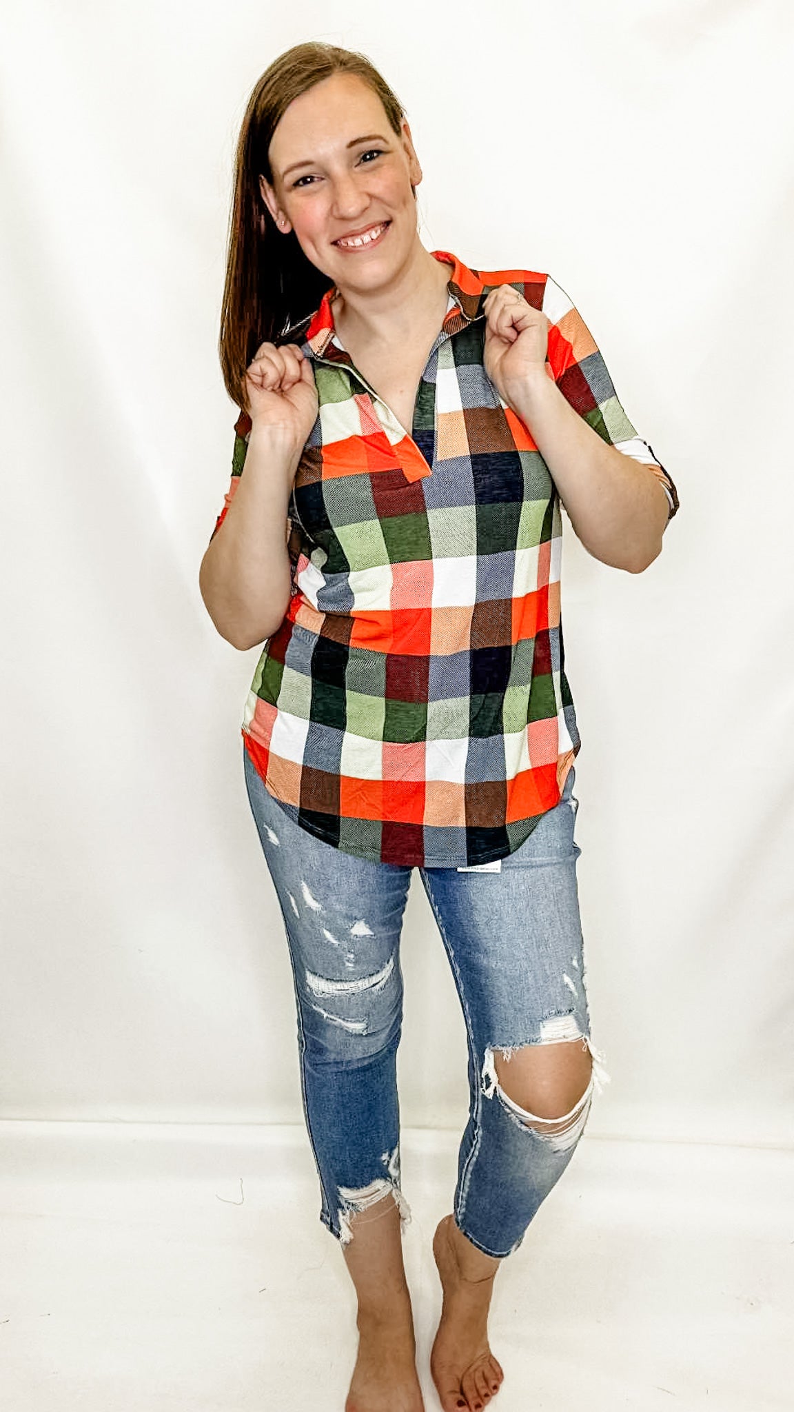 Orange & Green Plaid Dress Top