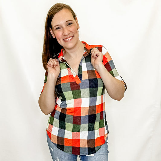 Orange & Green Plaid Dress Top