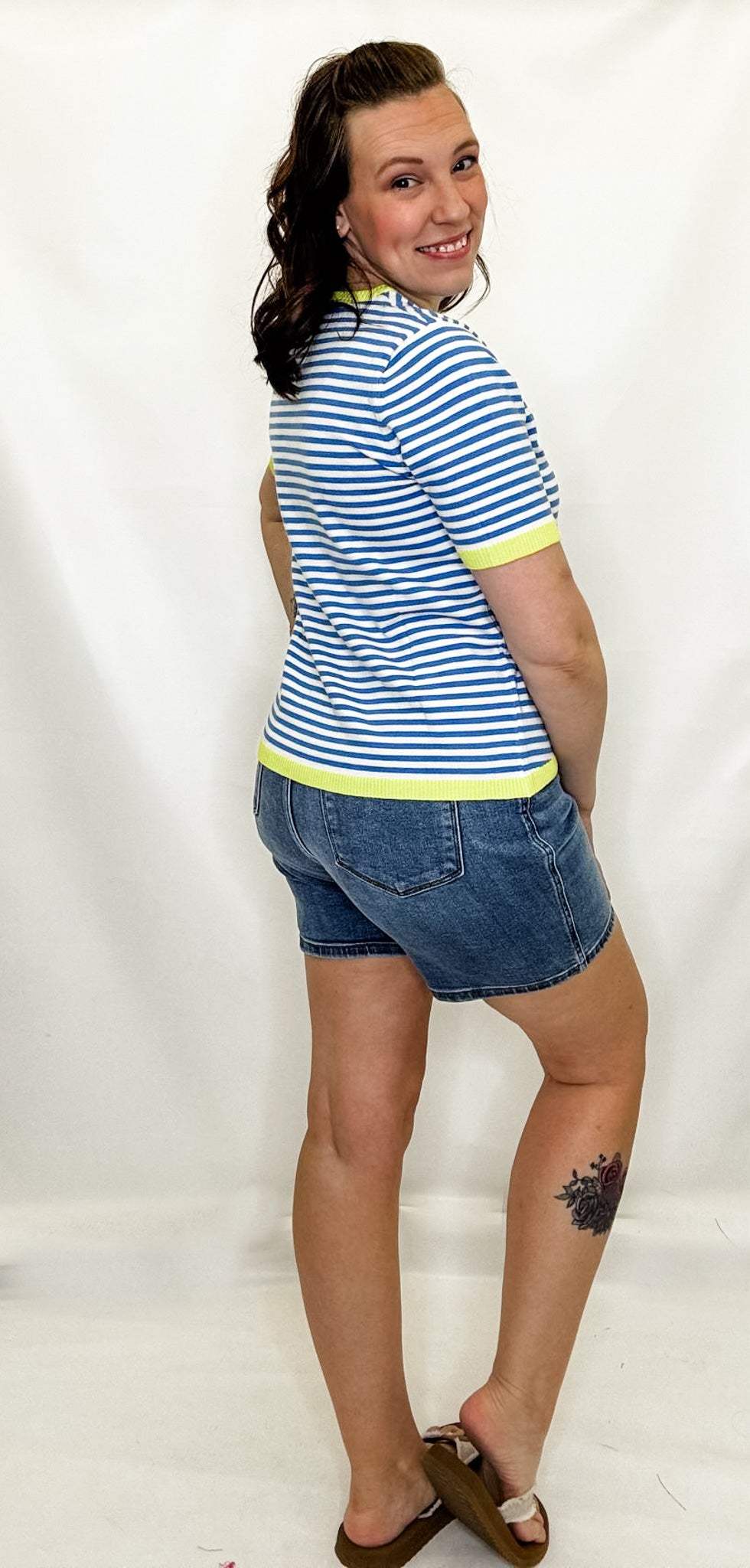 Lime & Blue Striped Short Sleeve Casual Sweater