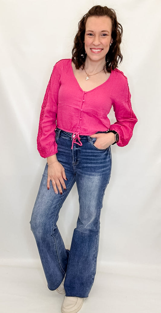 Fuchsia Solid Textured Lace Sleeve Top