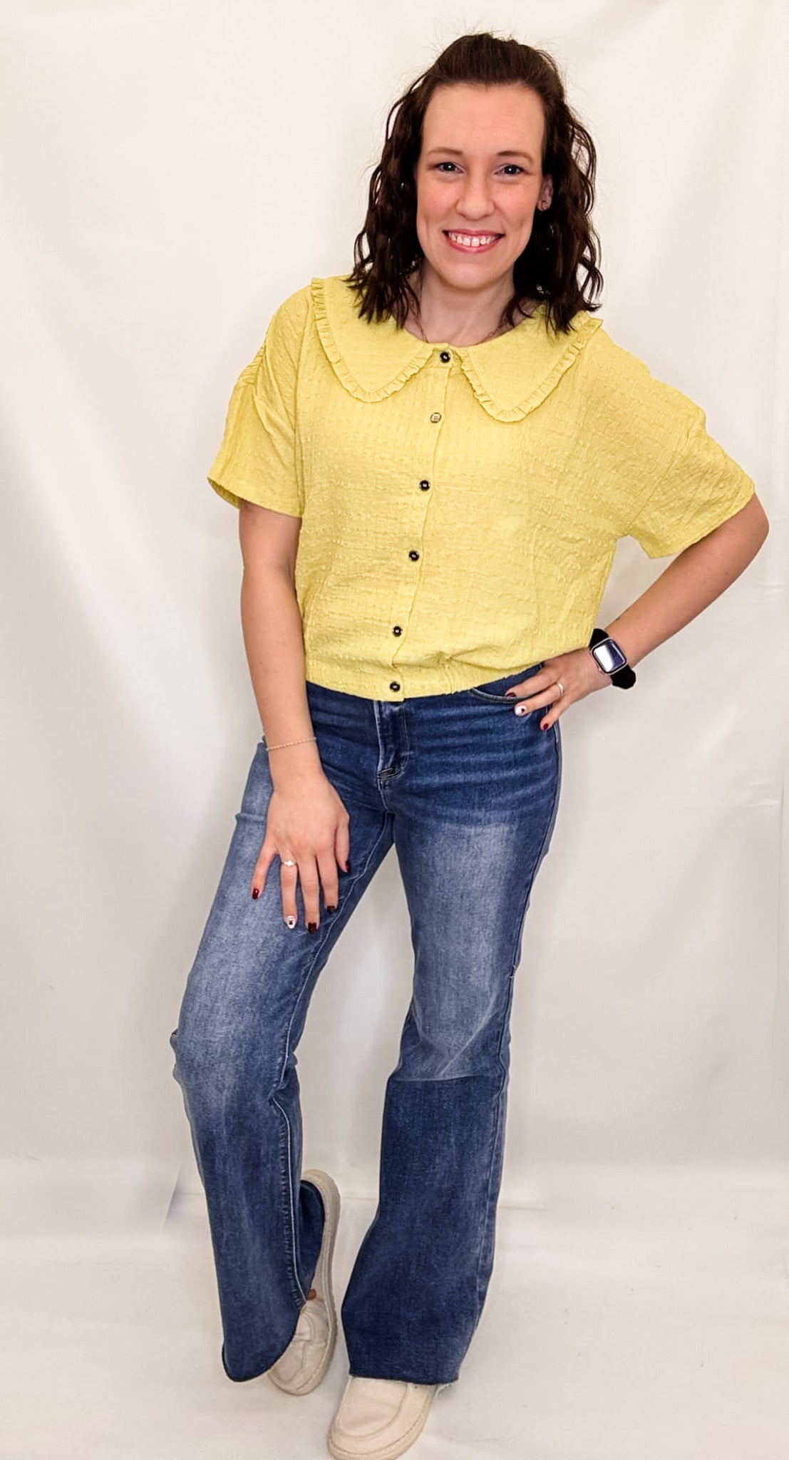 Peter Pan Collar Textured Knit Button Top - Variety