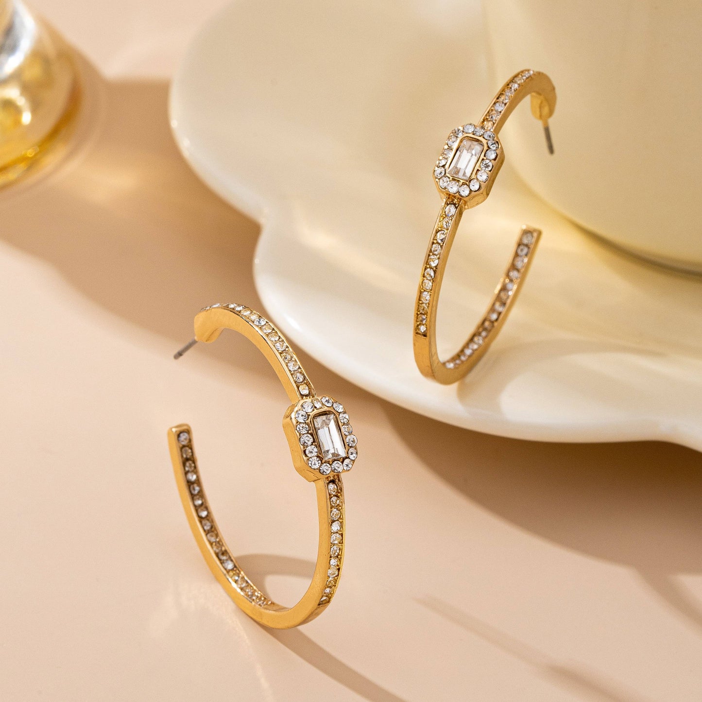 Solitaire Square Crystal Gold Hoop Earrings