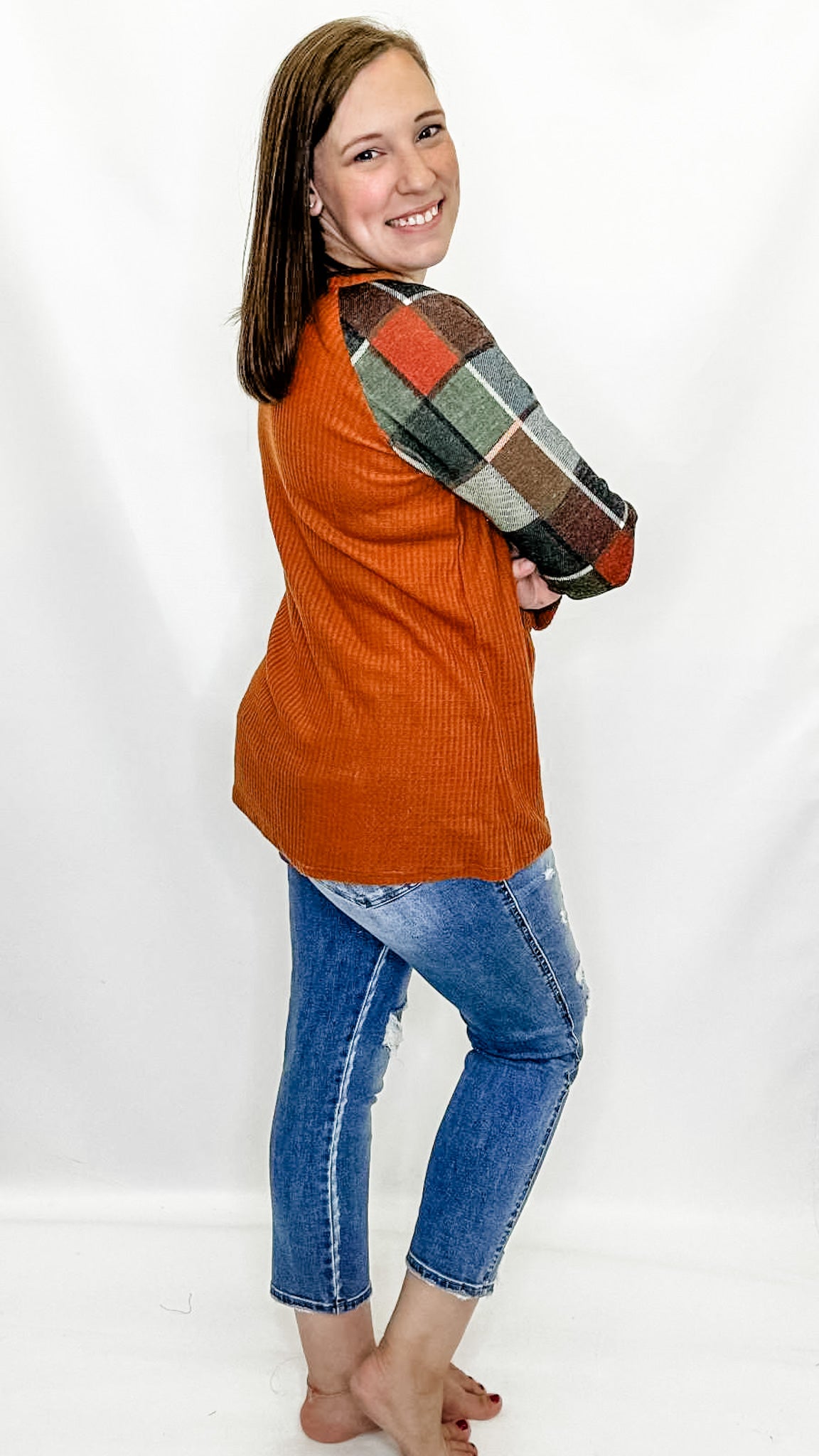 Orange Plaid and Rust Waffle Knit Long Sleeve Top