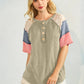 7th Ray - Rib Patchwork Button Front Raglan Short Sleeve Top T5942