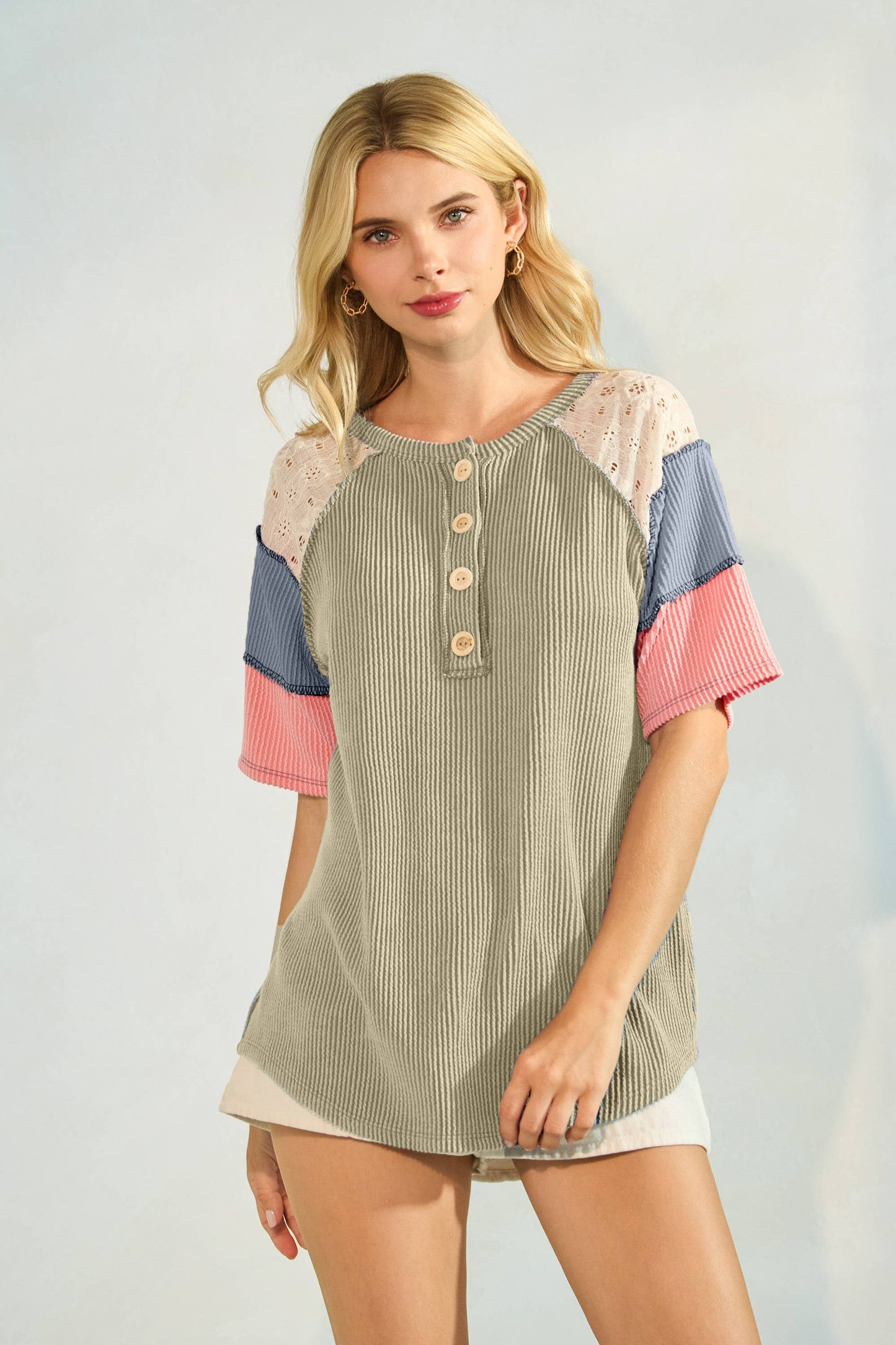 7th Ray - Rib Patchwork Button Front Raglan Short Sleeve Top T5942