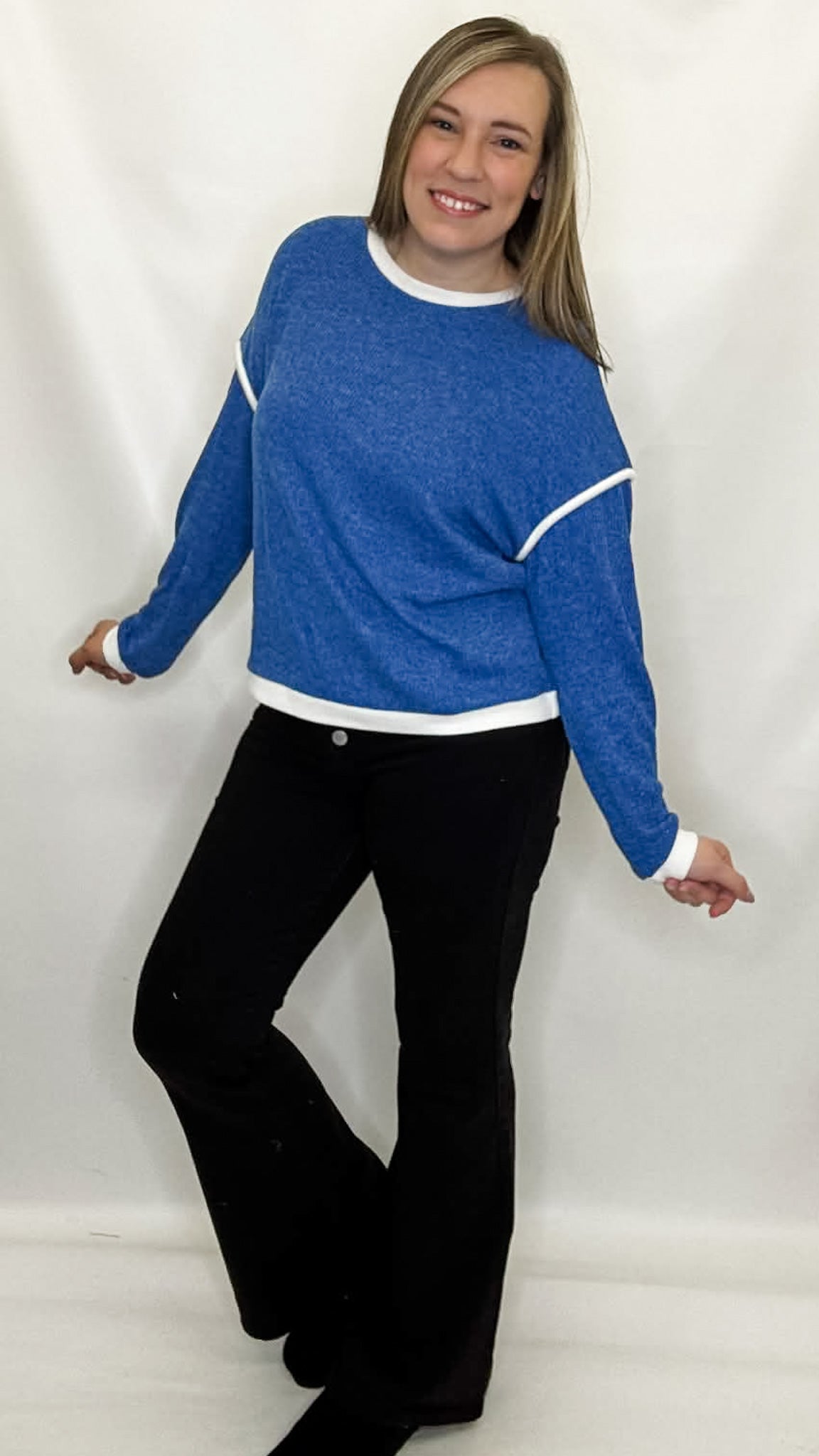 Blue & White Knit Long Sleeve Top