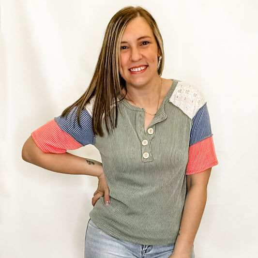 7th Ray - Rib Patchwork Button Front Raglan Short Sleeve Top T5942