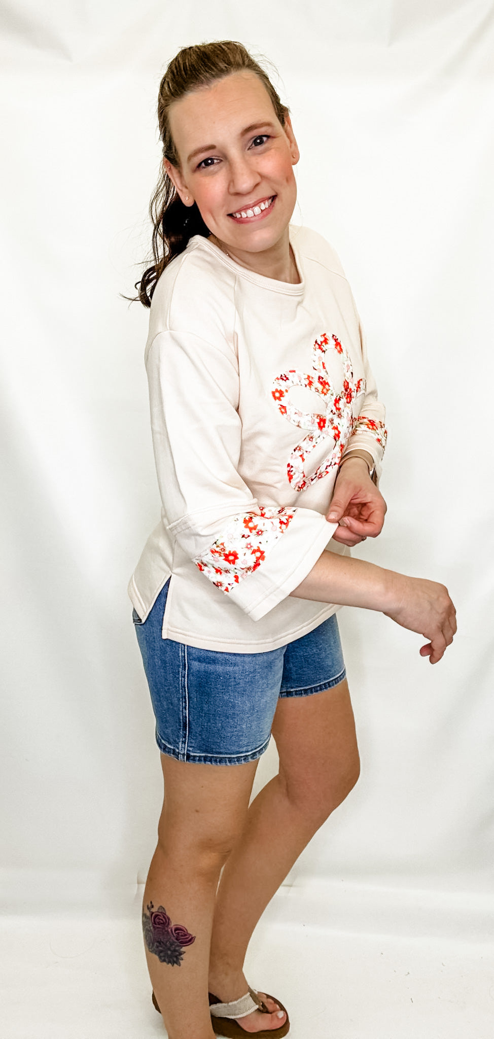 Beige Flower Patch Graphic Top