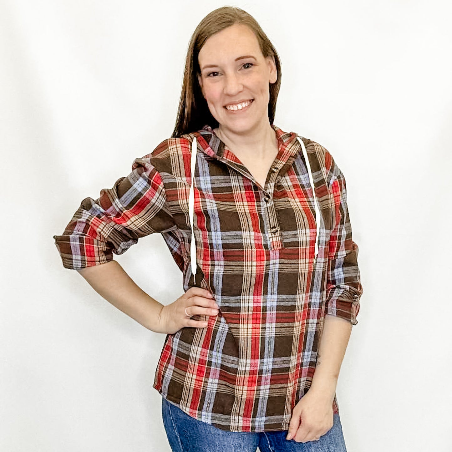 Brown, Red & Blue Plaid Hooded Shirt
