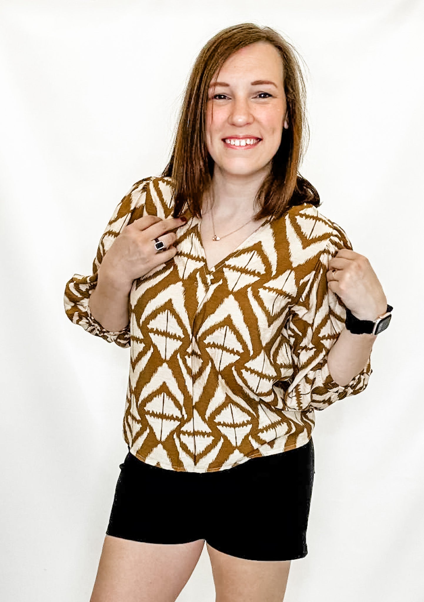 Olive or Brown Tribal Print V-Neck Blouse