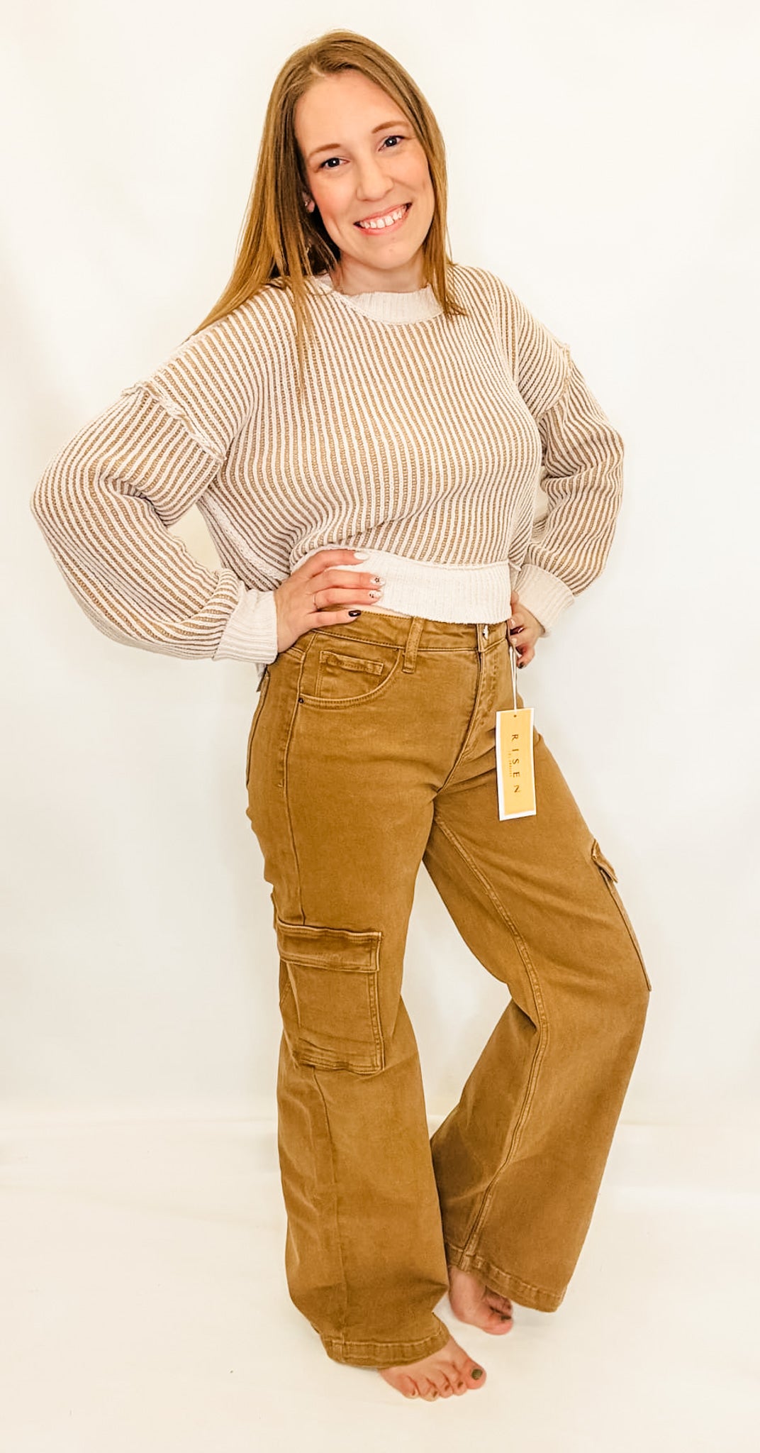 Risen Mocha High Rise Wide Cargo Pocket Jeans - RDP5488