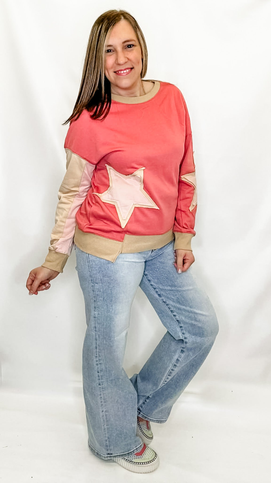 Pink Star Patch Uneven Hem Sweatshirt
