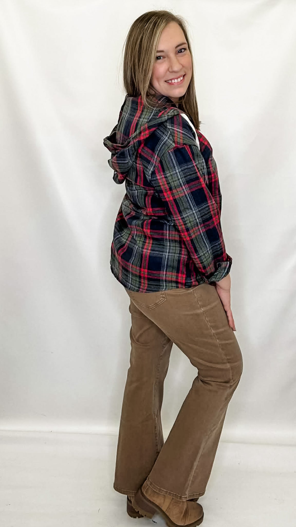 Navy, Green & Red Plaid Hooded Shirt