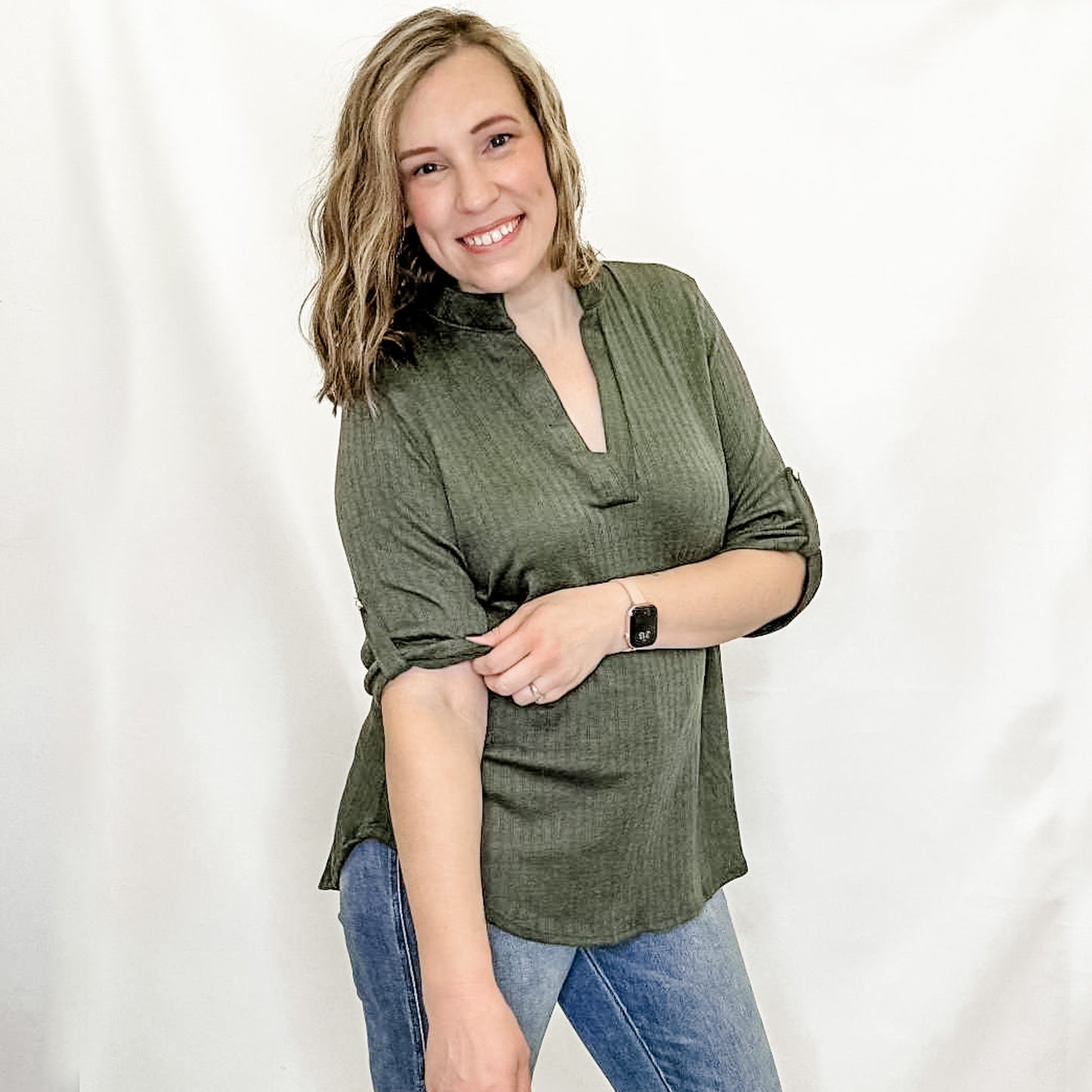 Olive Textured V-neck Long Sleeve Top