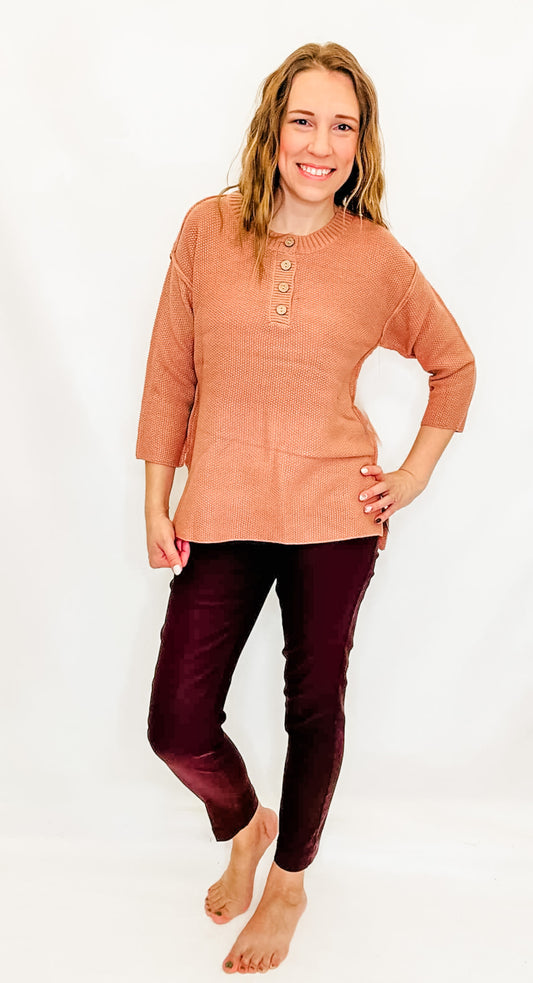 Multiples Salmon Pink Henley Sweater