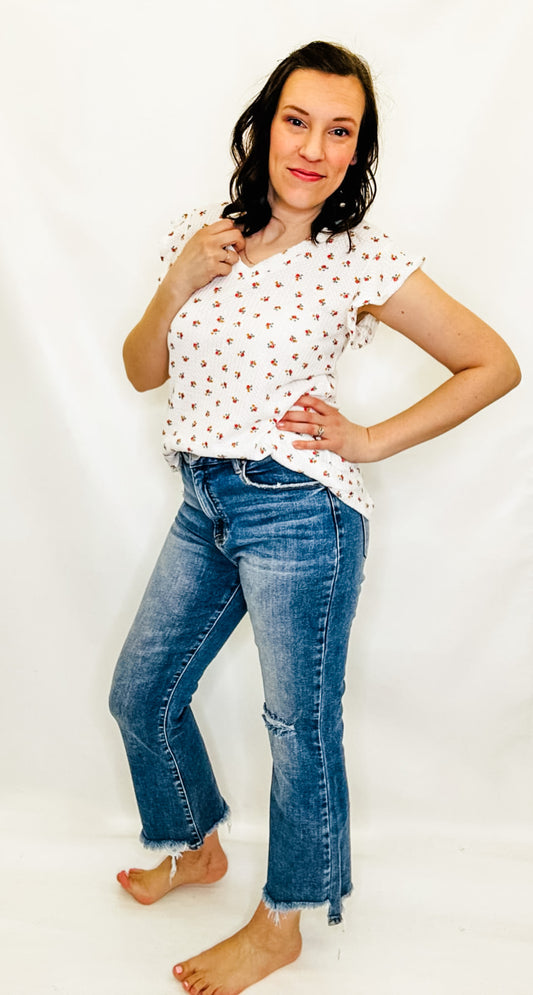 Risen Hi-Rise, Distressed Knee Crop Flare Jeans - RDP5665