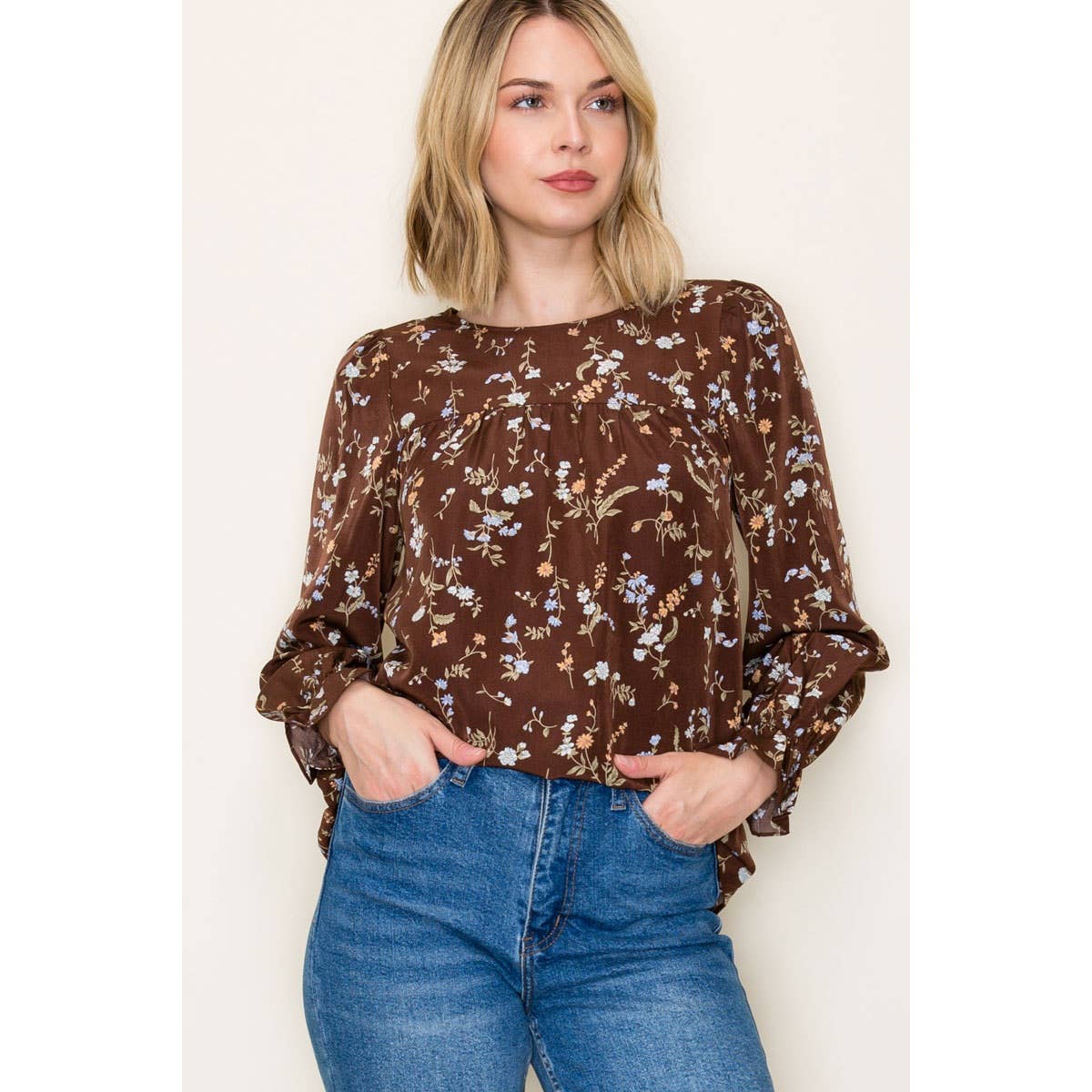Brown Floral Ruffle Hem Top