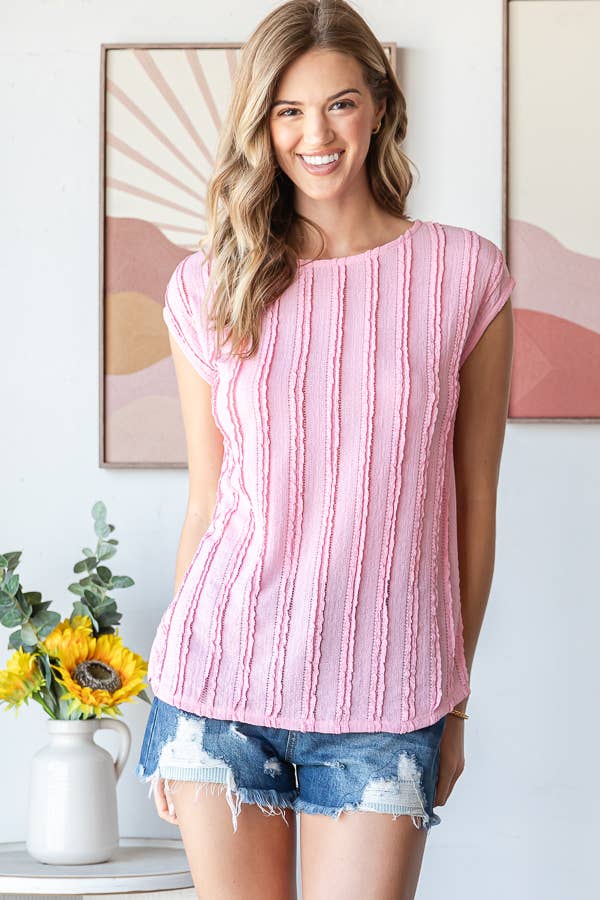Pink Lightweight Stripe Textured Cap Sleeve Blouse