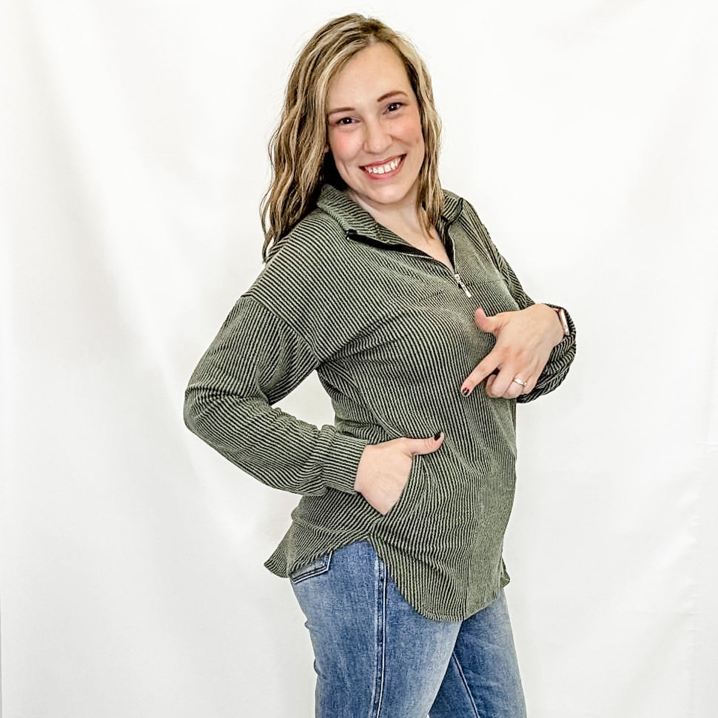 Olive Ribbed Quarter Zip Long Sleeve