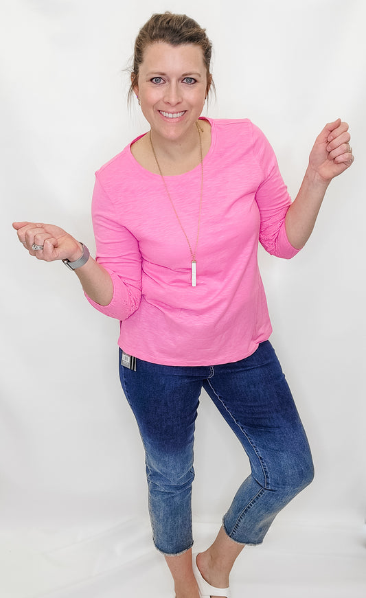 Multiples Pink 3/4 Sleeve Top with Accent Sleeves
