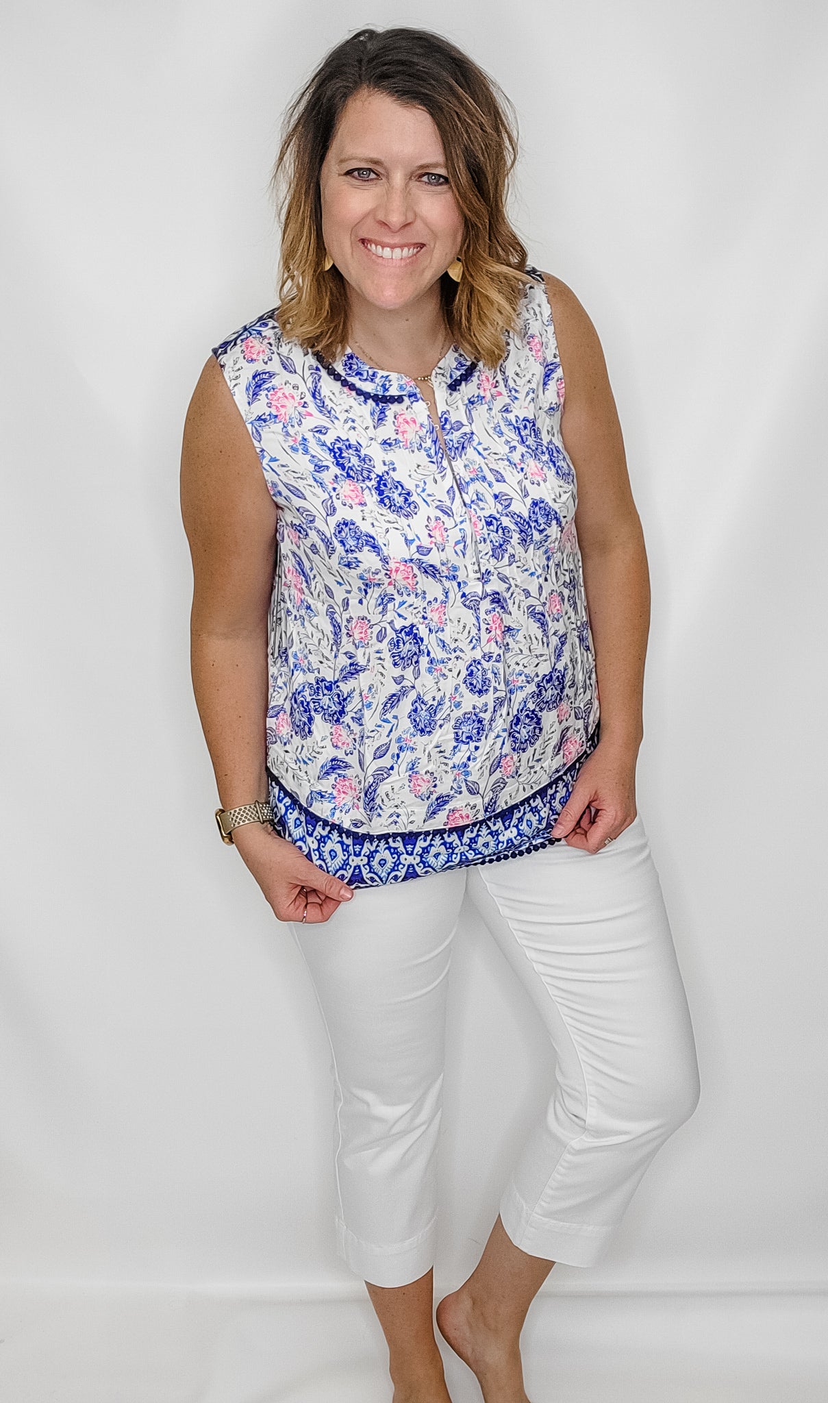 TRIBAL Flamingo Floral Sleeveless Blouse with Tuck Pleats