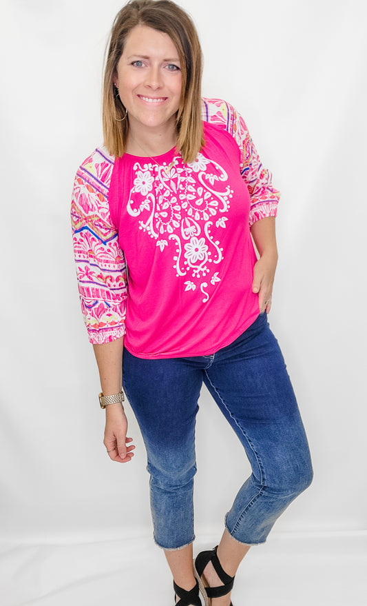 Multiples Pink Berry & Abstract Peasant Top