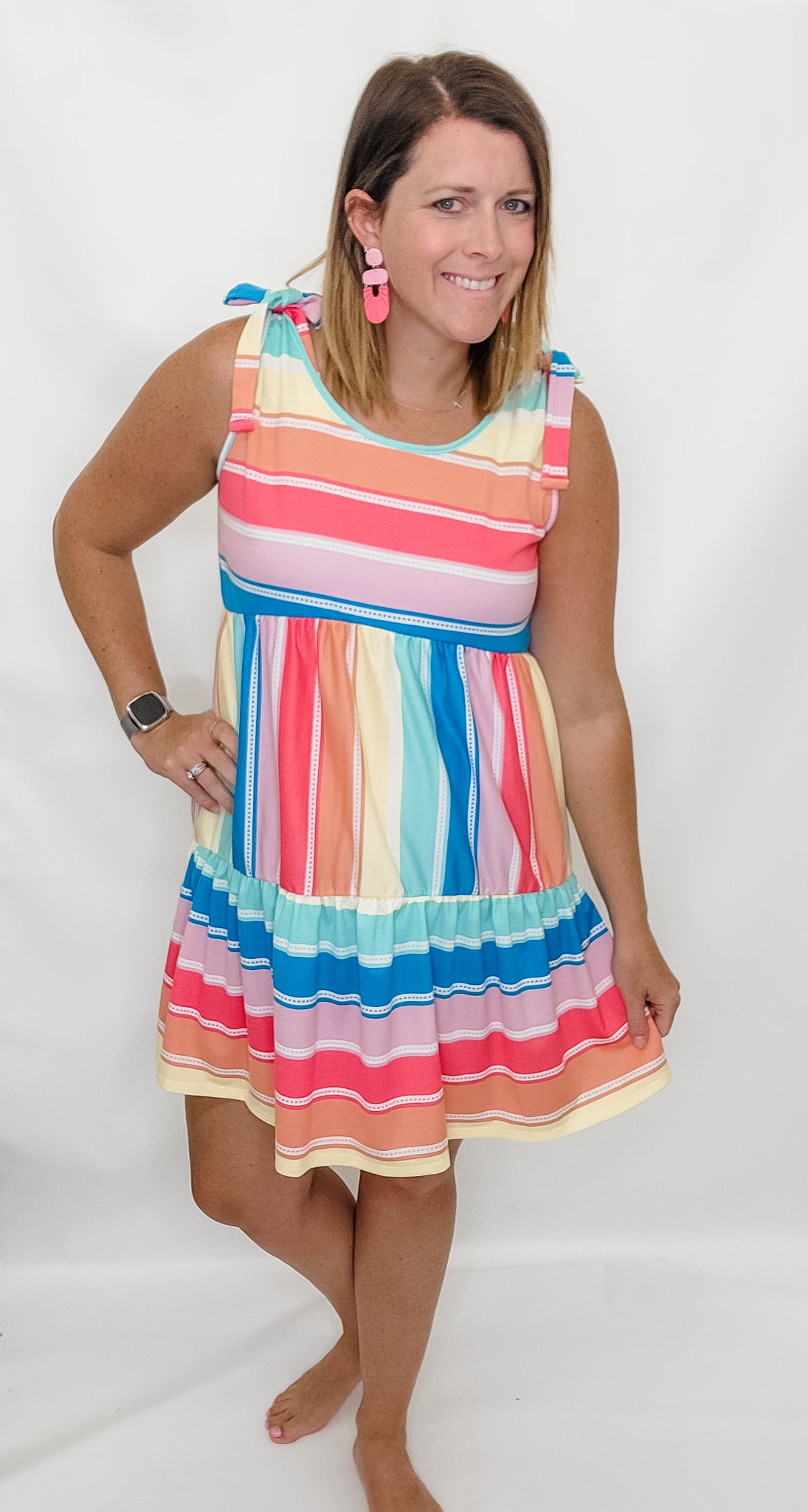 Colorful Stripe Dress with Tie Knot Shoulder Detail