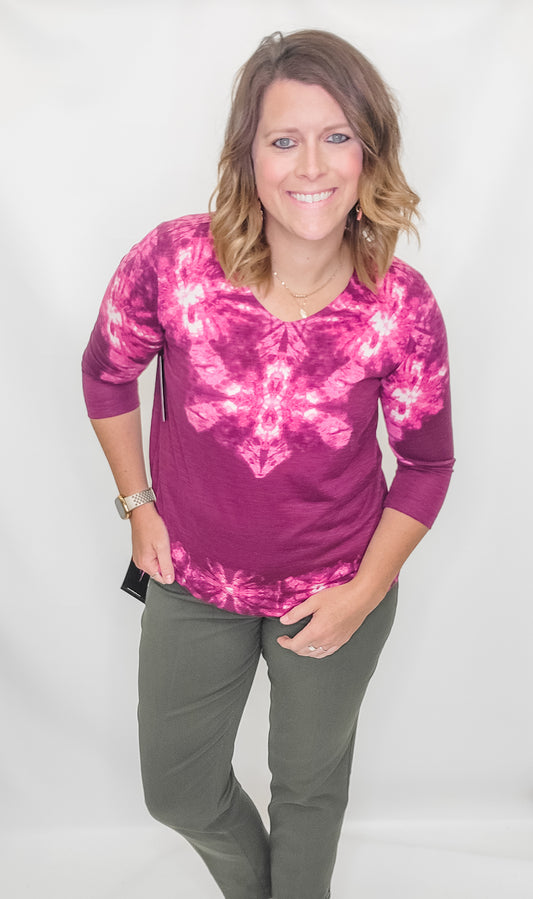 Multiples Tie Dye Beet V-Neck Top