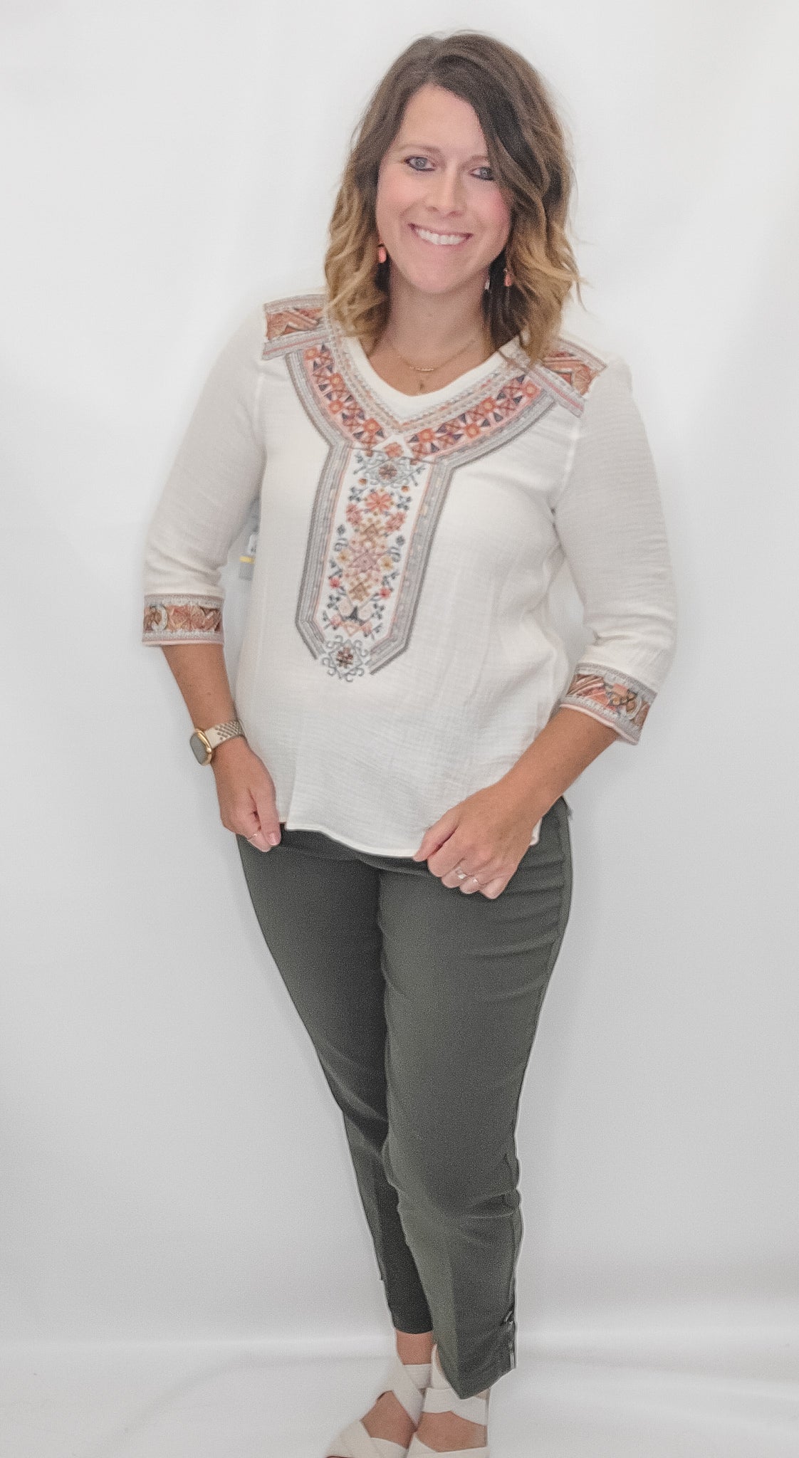 Multiples Cream Embroidered Three Quarter Sleeve Top