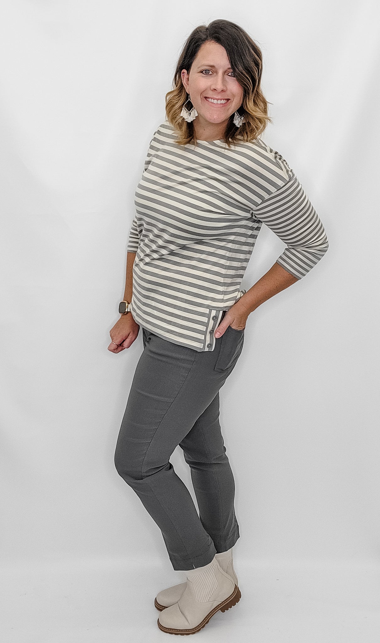 Multiples Dove Grey Striped Top
