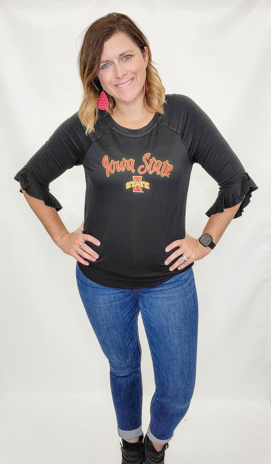 Iowa or Iowa State 3/4 Ruffle Sleeve Top
