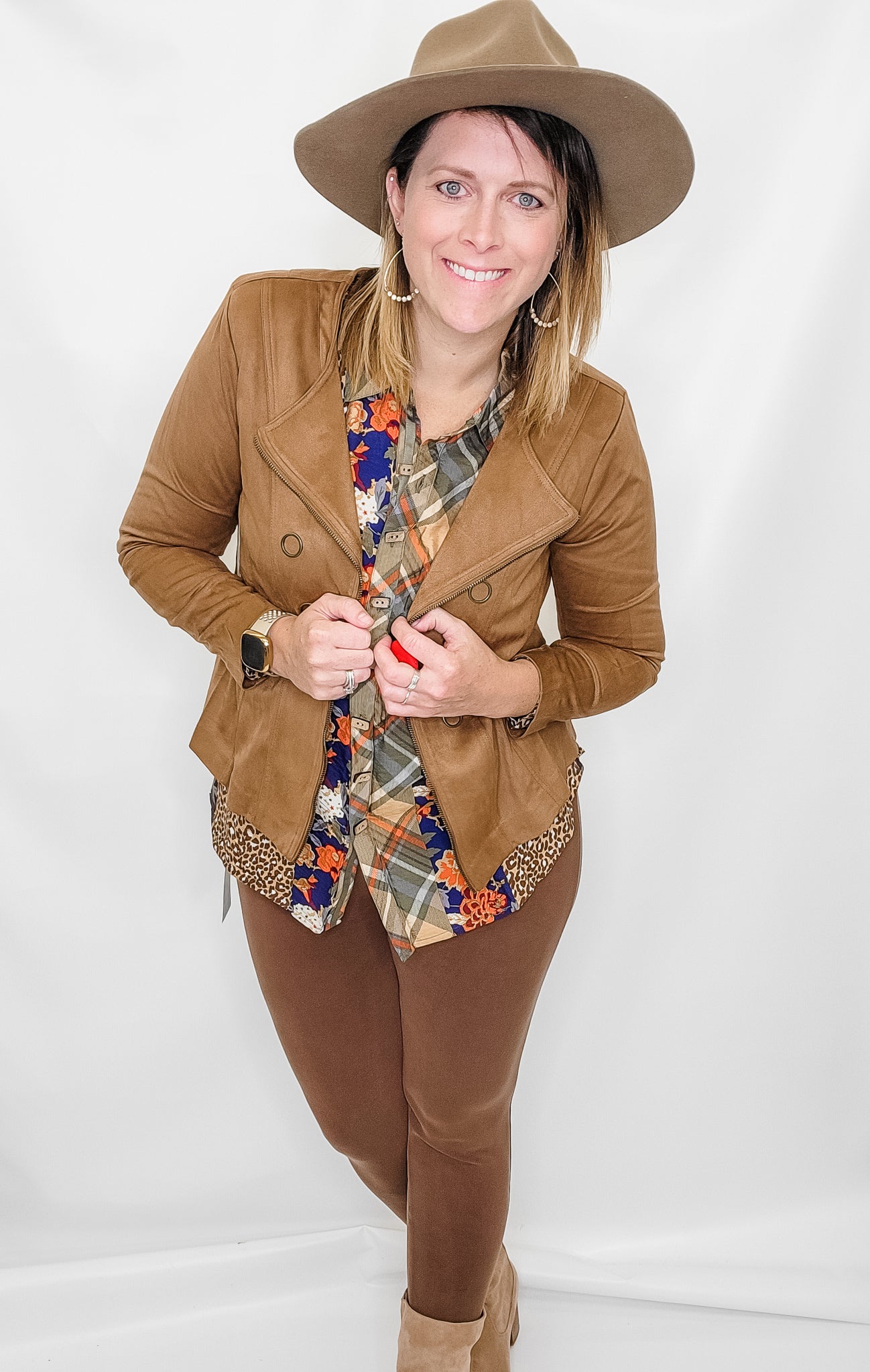 Multiples Brown Floral & Leopard Long Sleeve Button Up