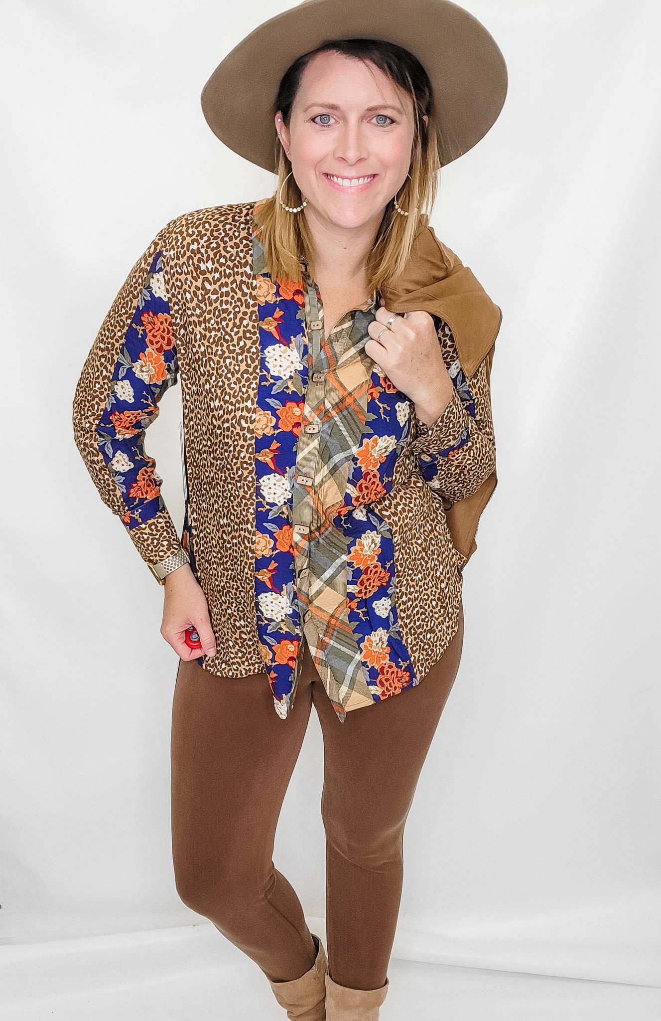 Multiples Brown Floral & Leopard Long Sleeve Button Up