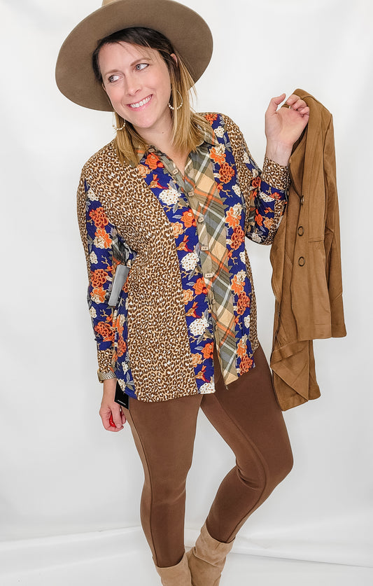 Multiples Brown Floral & Leopard Long Sleeve Button Up