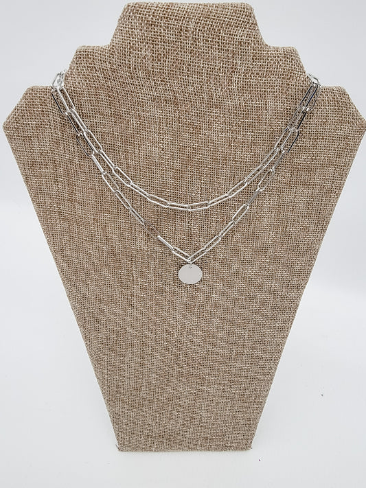 Silver Circle & Chain Double Necklace