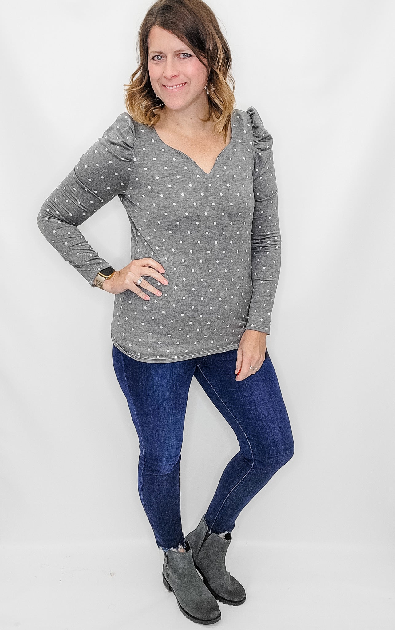 Gray Dot Knit Top with Puff Sleeves