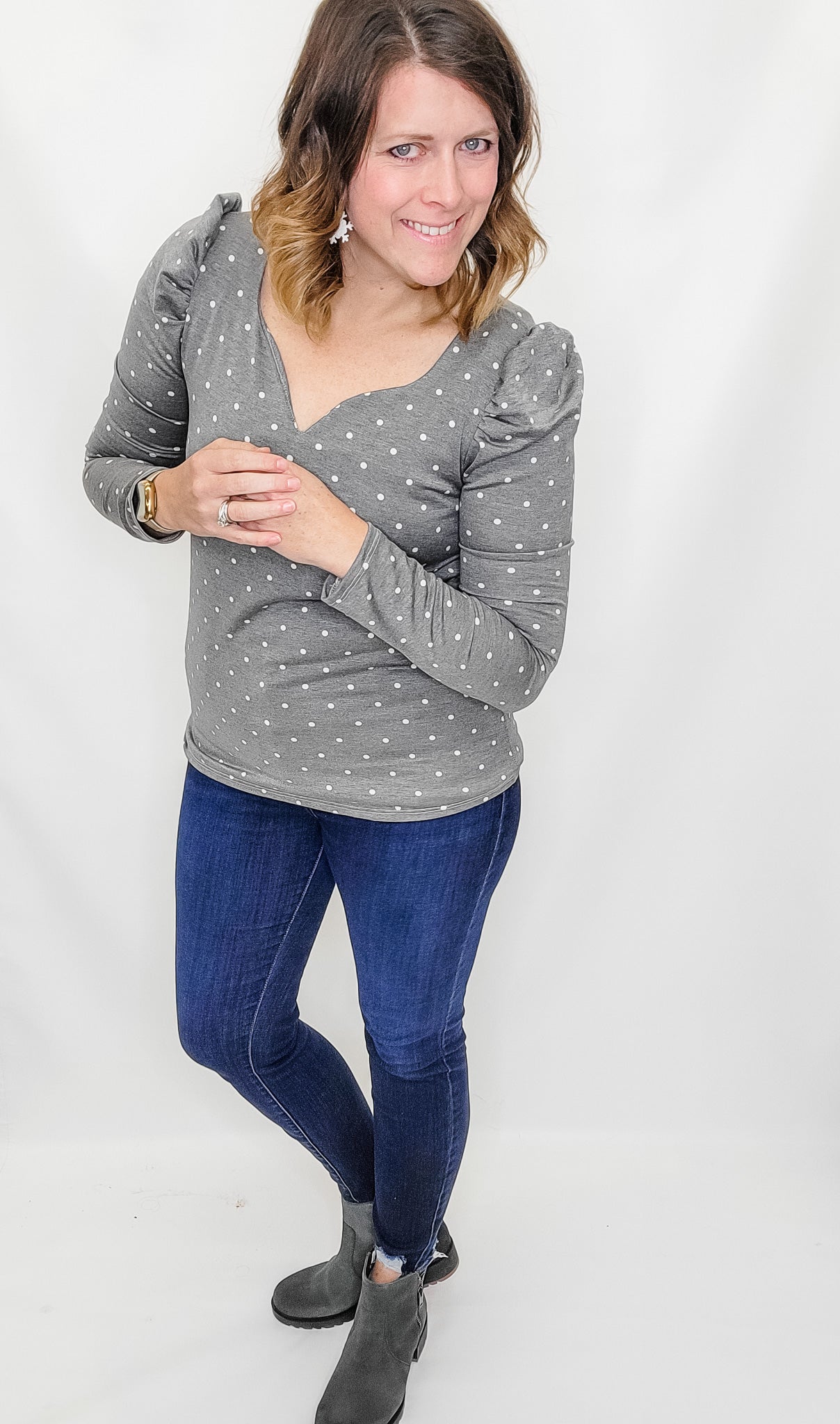 Gray Dot Knit Top with Puff Sleeves