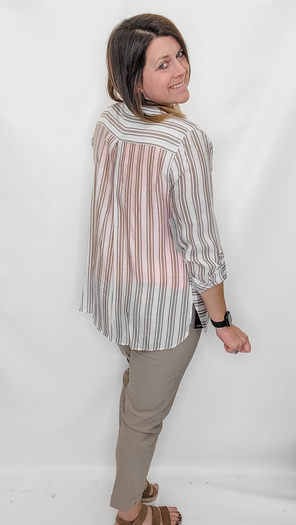 Multiples Stone & White Stripe Button Up Top