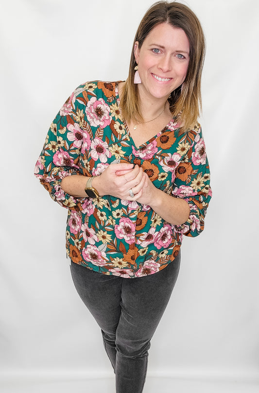 Hunter Green Floral 3/4 Sleeve Blouse
