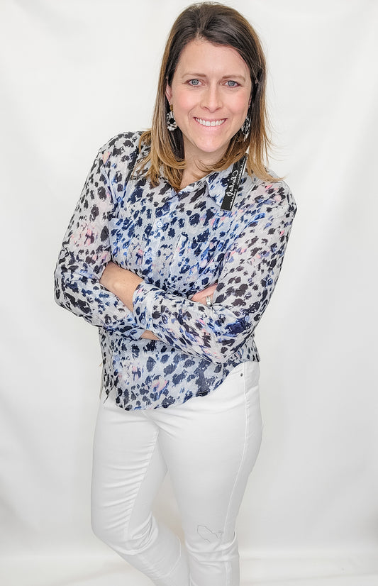 Charlie B Blue Animal Print Button Up