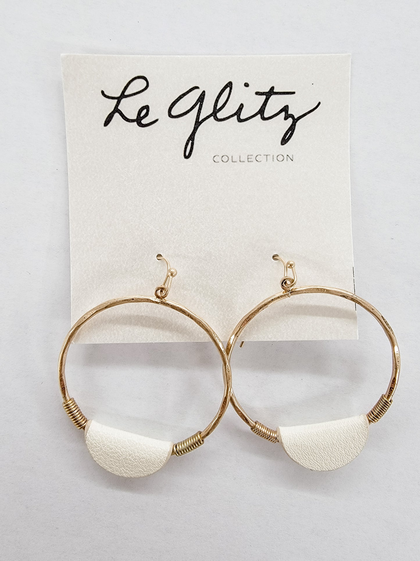 Gold Circle & White Leather Earrings